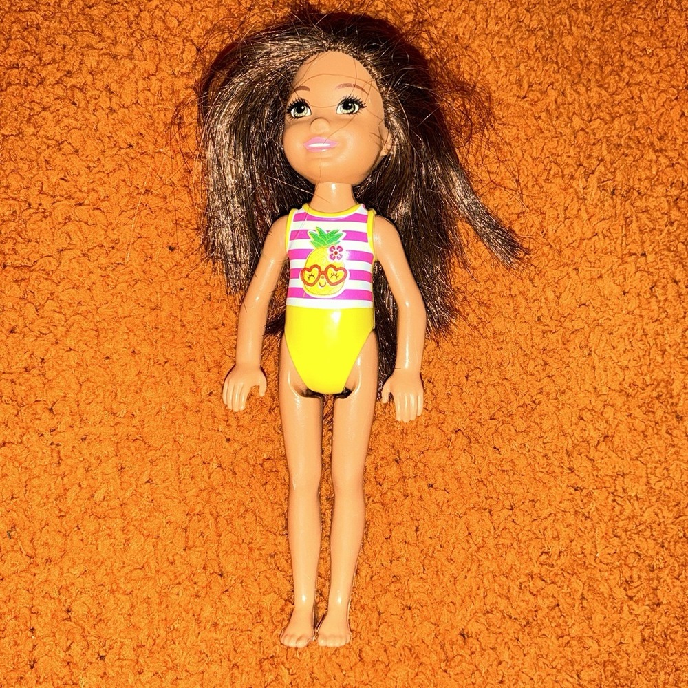 Mattel Barbie Kelly Chelsea Doll Brunette Brown Hair Swimsuit Yellow Pink